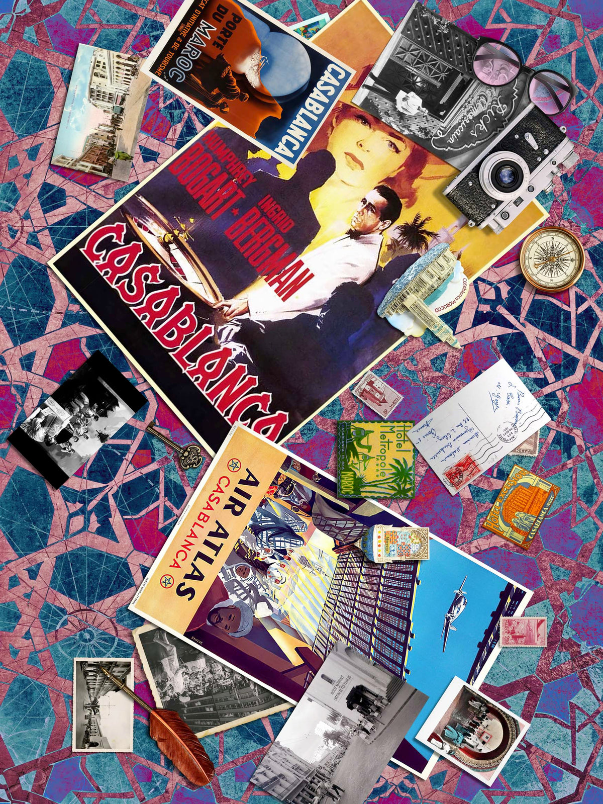 Collage of vintage posters and images with a prominent 'Casablanca' movie poster on a colorful mosaic background.