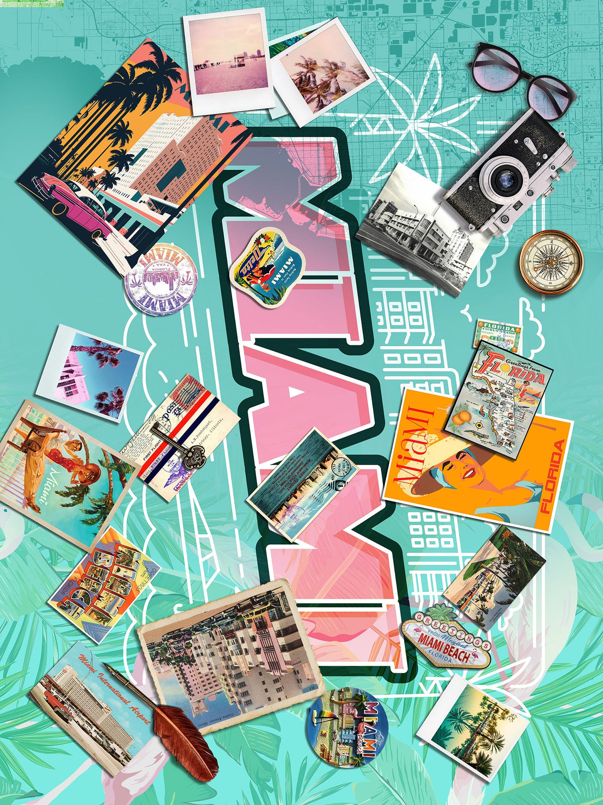 Miami-themed collage with vintage travel items and postcards on a teal background